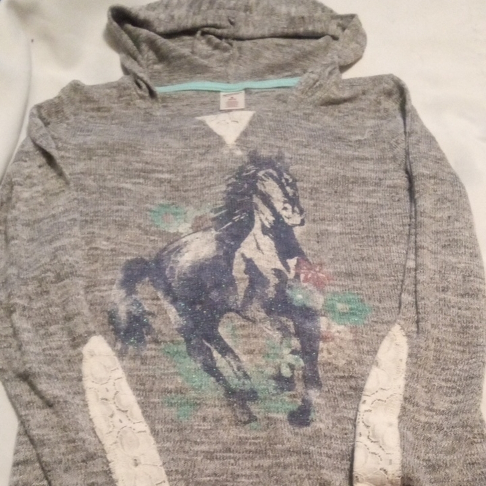 Arizona Jean Company Heather Gray Unicorn Hooded Shirt With Lace Details